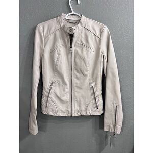 GUESS Women's Mandarin Collar Faux Leather Moto Jacket, Beige, Small NWT
